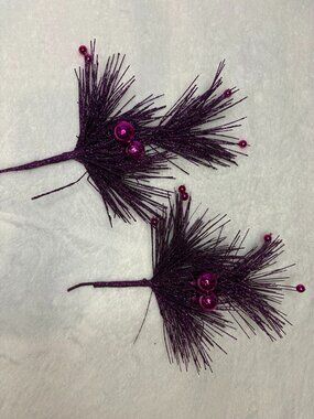 Set of two purple glitter picks for holiday decor, have small ornaments